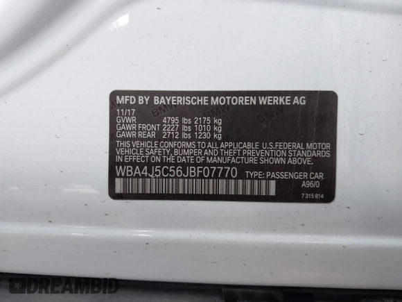 2018 BMW 4 Series 440i with VIN WBA4J5C56JBF07770, listed as a IAAI auction lot 41948710 with 69,655 mi miles and . Bid and sale history available at carsss.com. Image 9.