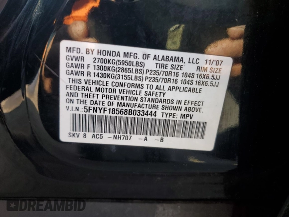 2008 Honda Pilot EX-L with VIN 5FNYF18568B033444, listed as a Copart auction lot 51301435 with 195,046 mi miles and Salvage Title. Bid and sale history available at DreamBid. Image 15.