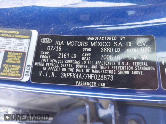 2017 Kia Forte LX with VIN 3KPFK4A77HE028873, listed as a IAAI auction lot 41507529 with 126,741 mi miles. Bid and sale history available at carsss.com. Image 9.