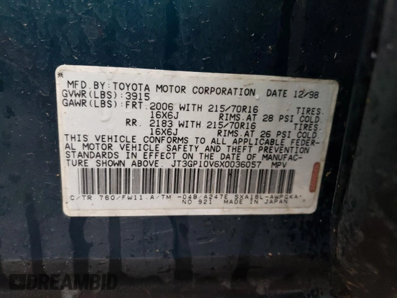 1999 Toyota RAV4 with VIN JT3GP10V6X0036057, listed as a Copart auction lot 49011295 with 183,287 mi miles and Clean title. Bid and sale history available at DreamBid. Image 13.