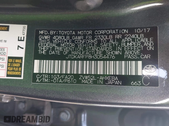 2017 Toyota Prius Plus z VIN JTDKARFP8H3054476, wystawiony jako IAAI lot #41914158 z przebiegiem 146 902 mil mil oraz . Historia ofert i sprzedaży dostępna na DreamBid. Obrazek 9.