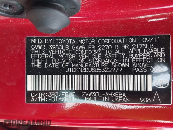 2011 Toyota Prius I z VIN JTDKN3DU8B5322979, wystawiony jako IAAI lot #42228343 z przebiegiem 148 198 mil mil oraz . Historia ofert i sprzedaży dostępna na DreamBid. Obrazek 9.