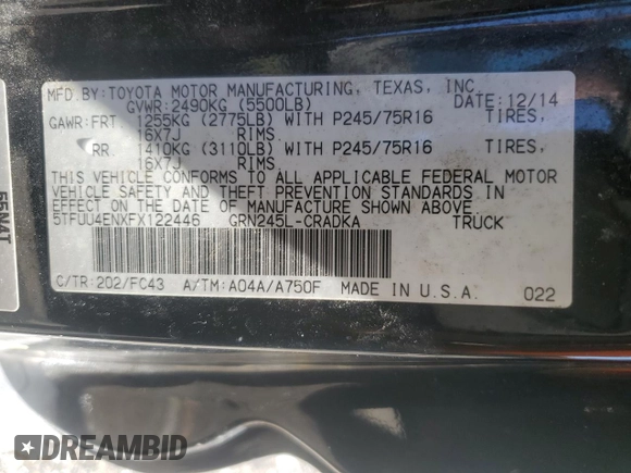 2015 Toyota Tacoma with VIN 5TFUU4ENXFX122446, listed as a Copart auction lot 50013565 with 72,204 mi miles and Salvage title. Bid and sale history available at DreamBid. Image 13.
