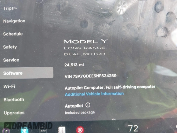 2022 Tesla Model Y Long Range with VIN 7SAYGDEE5NF534259, listed as a IAAI auction lot 41860246 with 24,513 mi miles and . Bid and sale history available at carsss.com. Image 15.