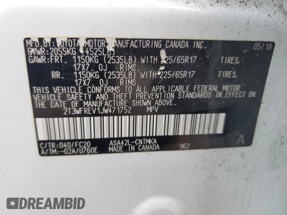 2018 Toyota RAV4 XLE with VIN 2T3WFREV1JW471752, listed as a Copart auction lot 46952565 with 87,705 mi miles and Salvage Title. Bid and sale history available at DreamBid. Image 13.