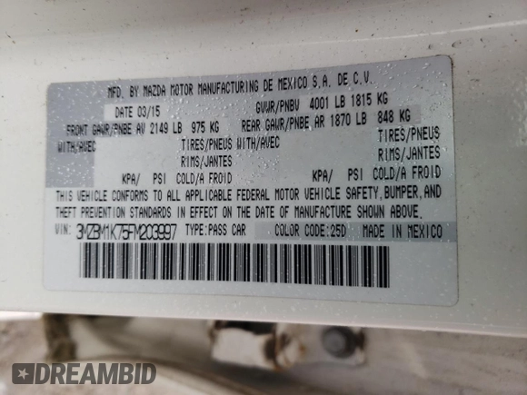 2015 Mazda 3 i Sport with VIN 3MZBM1K75FM203997, listed as a Copart auction lot 48882775 with 150,484 mi miles and Clean Title. Bid and sale history available at DreamBid. Image 12.
