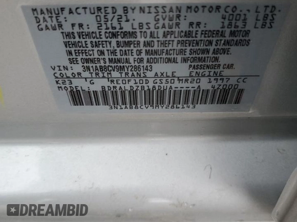 2021 Nissan Sentra SV with VIN 3N1AB8CV9MY286143, listed as a Copart auction lot 48141605 with 71,446 mi miles and Salvage Title. Bid and sale history available at carsss.com. Image 14.
