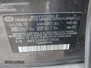 2016 Hyundai Sonata SE with VIN 5NPE24AF8GH318956, listed as a IAAI auction lot 42066232 with 193,088 mi miles and . Bid and sale history available at DreamBid. Image 9.