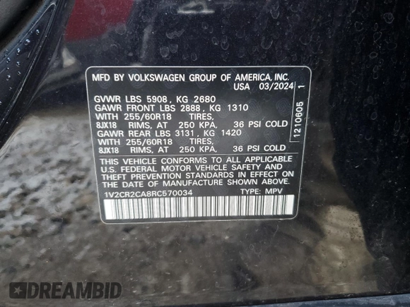2024 Volkswagen Atlas Peak Edition SE with VIN 1V2CR2CA8RC570034, listed as a Copart auction lot 45377275 with 26,557 mi miles and Salvage title. Bid and sale history available at DreamBid. Image 13.