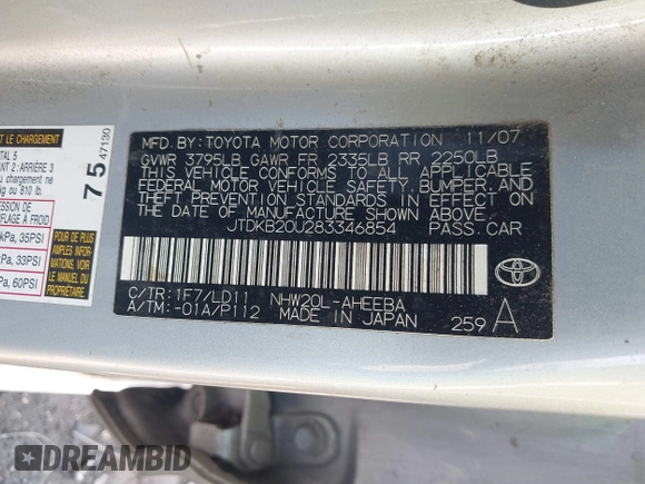 2008 Toyota Prius with VIN JTDKB20U283346854, listed as a IAAI auction lot 41443147 with 175,830 mi miles. Bid and sale history available at carsss.com. Image 9.