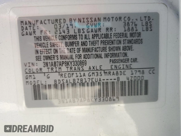 2019 Nissan Sentra S z VIN 3N1AB7AP8KY330869, wystawiony jako Copart lot #52494925 z przebiegiem 40 836 mil mil oraz Szkoda całkowita • Salvage title. Historia ofert i sprzedaży dostępna na DreamBid. Obrazek 13.