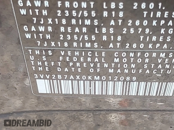2019 Volkswagen Tiguan SE с VIN 3VV2B7AX0KM012089, выставлен на аукционе IAAI как лот 42613941 с пробегом 90 207 миль миль и . История ставок и продаж доступна на DreamBid. Изображение 9.