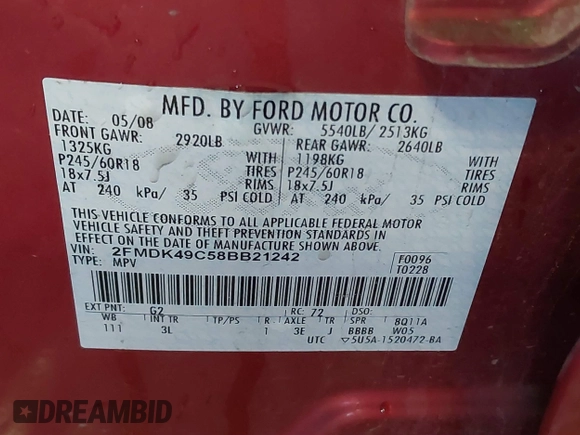 2008 Ford Edge Limited with VIN 2FMDK49C58BB21242, listed as a IAAI auction lot 41724287 with 133,184 mi miles. Bid and sale history available at carsss.com. Image 9.