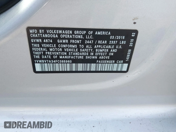 2015 Volkswagen Passat SE z VIN 1VWBV7A34FC085960, wystawiony jako IAAI lot #41464038 z przebiegiem 85 312 mil mil oraz . Historia ofert i sprzedaży dostępna na DreamBid. Obrazek 9.