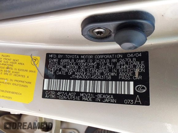 2004 Lexus ES 350 with VIN JTHBA30G145043158, listed as a IAAI auction lot 41848952 with 175,715 mi miles and . Bid and sale history available at DreamBid. Image 9.