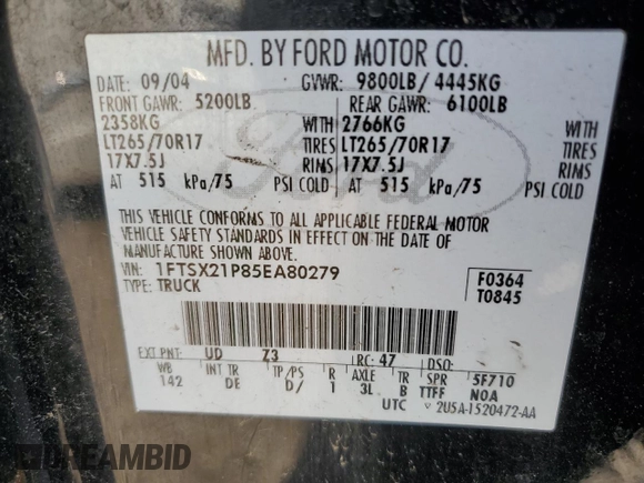 2005 Ford F-250 XL with VIN 1FTSX21P85EA80279, listed as a Copart auction lot 56636615 with 174,376 mi miles and Salvage title. Bid and sale history available at DreamBid. Image 12.