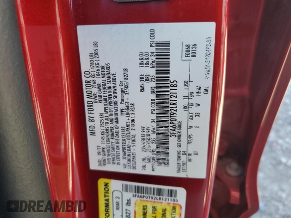 2020 Ford Fusion SE с VIN 3FA6P0T92LR121185, выставлен на аукционе Copart как лот 57256565 с пробегом 87 727 миль миль и Списание • Salvage title. История ставок и продаж доступна на DreamBid. Изображение 13.