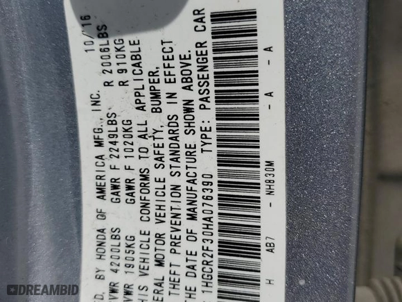 2017 Honda Accord Sedan LX with VIN 1HGCR2F30HA076390, listed as a Copart auction lot 49819385 with 155,782 mi miles and Salvage Title. Bid and sale history available at carsss.com. Image 12.