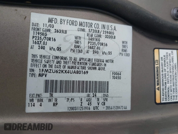 2004 Ford Explorer XLS с VIN 1FMZU62KX4UA80169, выставлен на аукционе IAAI как лот 41582053 с пробегом Не указан миль и . История ставок и продаж доступна на DreamBid. Изображение 9.