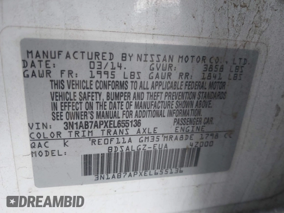 2014 Nissan Sentra S with VIN 3N1AB7APXEL655136, listed as a IAAI auction lot 41597149 with 98,706 mi miles and . Bid and sale history available at DreamBid. Image 9.