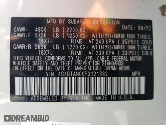 2023 Subaru Outback Limited z VIN 4S4BTANC0P3121382, wystawiony jako Copart lot #54834025 z przebiegiem 62 549 mil mil oraz Szkoda całkowita • Salvage title. Historia ofert i sprzedaży dostępna na DreamBid. Obrazek 14.