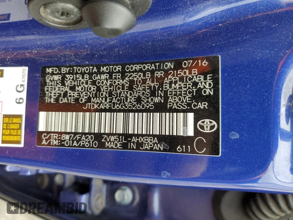2016 Toyota Prius Four with VIN JTDKARFU6G3526095, listed as a Copart auction lot 54156335 with 287,777 mi miles and Salvage Title. Bid and sale history available at carsss.com. Image 12.
