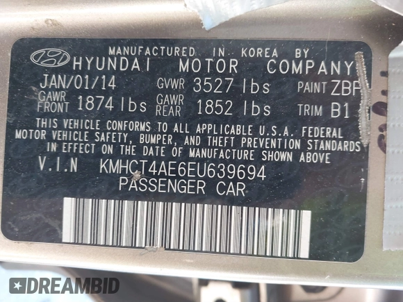 2014 Hyundai Accent GLS with VIN KMHCT4AE6EU639694, listed as a IAAI auction lot 41674605 with 101,549 mi miles and . Bid and sale history available at carsss.com. Image 9.