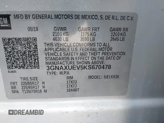 2019 Chevrolet Equinox LT with VIN 3GNAXUEV5KS670478, listed as a IAAI auction lot 41745218 with 56,996 mi miles and . Bid and sale history available at DreamBid. Image 9.