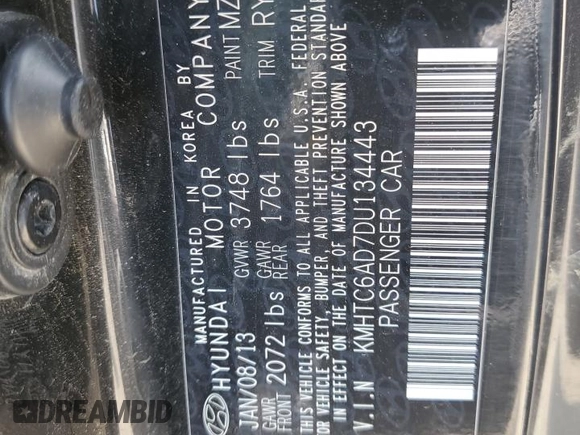 2013 Hyundai Veloster w/Black Int with VIN KMHTC6AD7DU134443, listed as a Copart auction lot 59295275 with 137,106 mi miles and Salvage title. Bid and sale history available at DreamBid. Image 12.