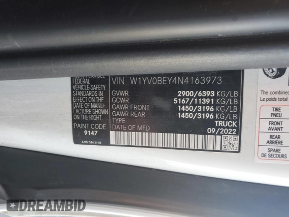 2022 Mercedes-Benz Metris Cargo with VIN W1YV0BEY4N4163973, listed as a Copart auction lot 87427614 with 19,490 mi miles and Salvage Title. Bid and sale history available at carsss.com. Image 14.