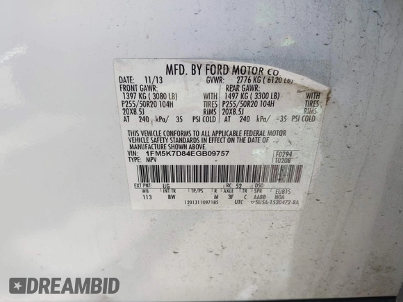 2014 Ford Explorer XLT с VIN 1FM5K7D84EGB09757, выставлен на аукционе IAAI как лот 42085010 с пробегом 146 224 миль миль и . История ставок и продаж доступна на DreamBid. Изображение 9.