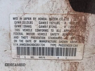2013 Honda Fit with VIN JHMGE8H39DC051724, listed as a IAAI auction lot 41881732 with 158,048 mi miles. Bid and sale history available at carsss.com. Image 9.