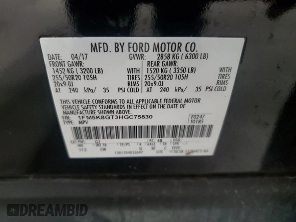 2017 Ford Explorer Sport z VIN 1FM5K8GT3HGC75830, wystawiony jako Copart lot #54857675 z przebiegiem 129 096 mil mil oraz Szkoda całkowita • Salvage title. Historia ofert i sprzedaży dostępna na DreamBid. Obrazek 13.