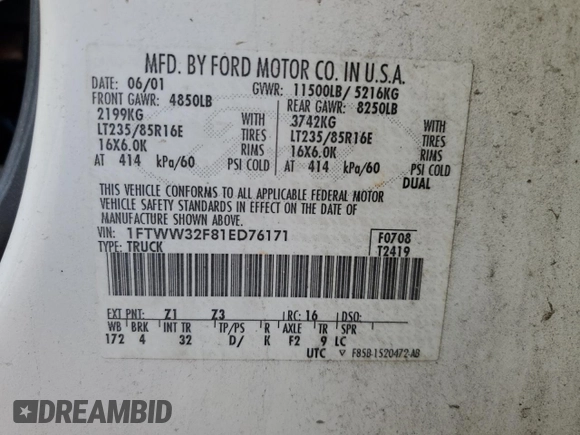 2001 Ford F-350 XL with VIN 1FTWW32F81ED76171, listed as a Copart auction lot 85030524 with 294,338 mi miles and Salvage title. Bid and sale history available at DreamBid. Image 12.