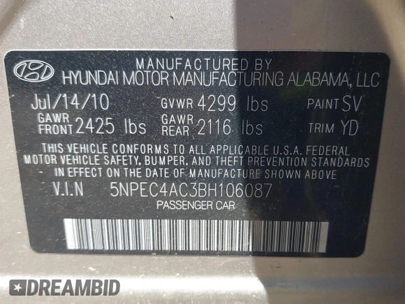 2011 Hyundai Sonata Limited with VIN 5NPEC4AC3BH106087, listed as a IAAI auction lot 42210979 with 199,388 mi miles and . Bid and sale history available at DreamBid. Image 9.