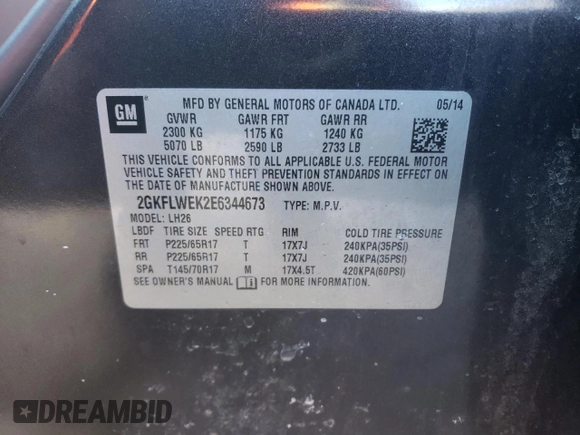 2014 GMC Terrain SLE with VIN 2GKFLWEK2E6344673, listed as a Copart auction lot 44934535 with 220,141 mi miles and Clean Title. Bid and sale history available at DreamBid. Image 13.