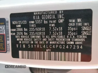 2023 Kia Sorento S with VIN 5XYRL4LC4PG247294, listed as a Copart auction lot 47294965 with 36,701 mi miles and Salvage Title. Bid and sale history available at DreamBid. Image 14.