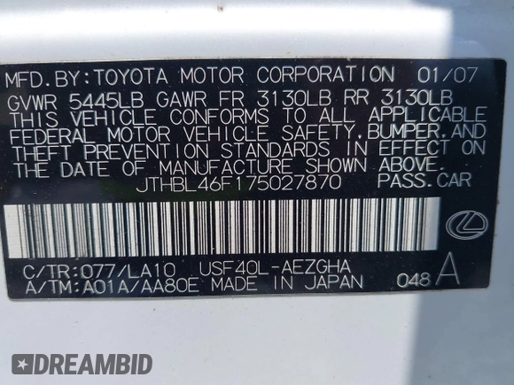 2007 Lexus LS 460 z VIN JTHBL46F175027870, wystawiony jako IAAI lot #42671694 z przebiegiem 197 941 mil mil oraz . Historia ofert i sprzedaży dostępna na DreamBid. Obrazek 9.