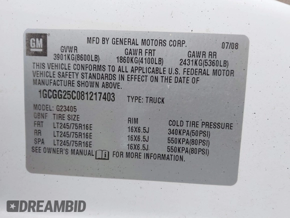 2008 Chevrolet Express Cargo Van with VIN 1GCGG25C081217403, listed as a IAAI auction lot 41470035 with 0 mi miles. Bid and sale history available at carsss.com. Image 9.