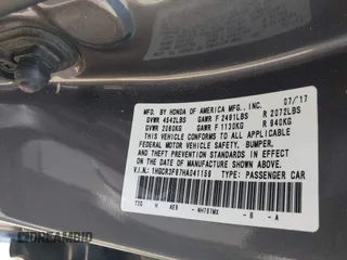2017 Honda Accord Touring with VIN 1HGCR3F97HA041159, listed as a IAAI auction lot 42205195 with Not provided miles and . Bid and sale history available at DreamBid. Image 9.
