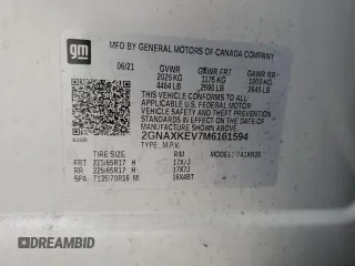 2021 Chevrolet Equinox LT with VIN 2GNAXKEV7M6161594, listed as a Copart auction lot 54564075 with 107,804 mi miles and Salvage Title. Bid and sale history available at DreamBid. Image 13.