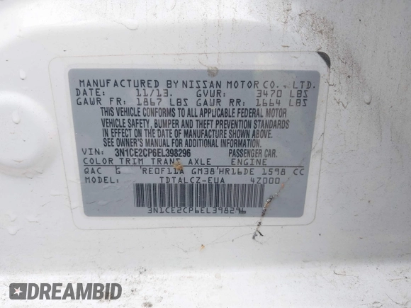 2014 Nissan Note S Plus with VIN 3N1CE2CP6EL398296, listed as a IAAI auction lot 42128123 with 93,688 mi miles and . Bid and sale history available at DreamBid. Image 9.