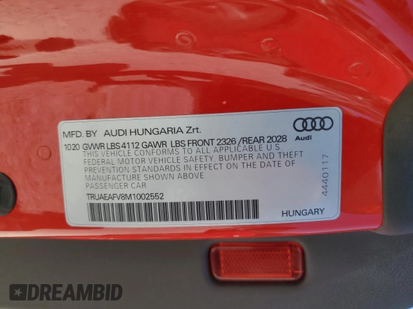 2021 Audi TT z VIN TRUAEAFV8M1002552, wystawiony jako Copart lot #56398935 z przebiegiem 29 150 mil mil oraz Szkoda całkowita • Salvage title. Historia ofert i sprzedaży dostępna na DreamBid. Obrazek 12.