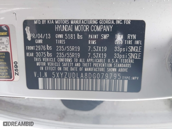 2013 Hyundai Santa Fe 2.0T Sport with VIN 5XYZUDLA8DG079795, listed as a IAAI auction lot 42035743 with 170,321 mi miles. Bid and sale history available at carsss.com. Image 9.