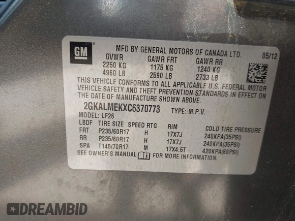2012 GMC Terrain SLE-1 with VIN 2GKALMEKXC6370773, listed as a IAAI auction lot 42659970 with 101,676 mi miles and . Bid and sale history available at DreamBid. Image 9.