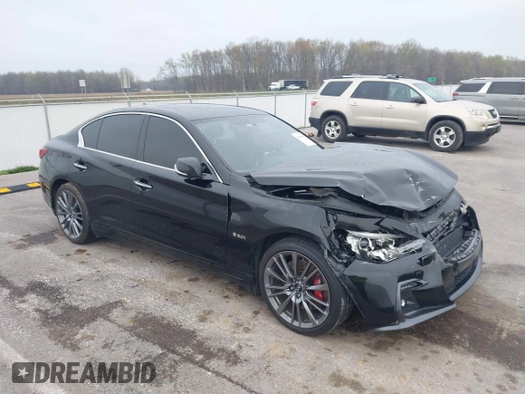 2018 Infiniti Q50 Red Sport 400 with VIN JN1FV7ARXJM480160, listed as a IAAI auction lot 41994848 with 71,346 mi miles and . Bid and sale history available at DreamBid. Image 1.