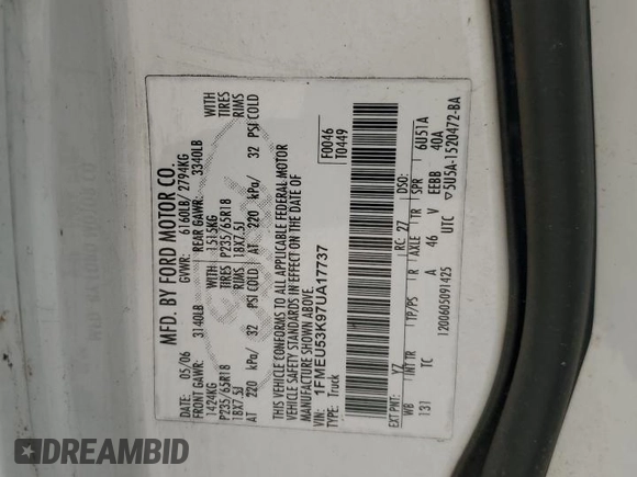 2007 Ford Explorer Sport Trac Limited with VIN 1FMEU53K97UA17737, listed as a Copart auction lot 55665155 with 91,493 mi miles and Salvage title. Bid and sale history available at DreamBid. Image 12.