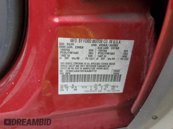 2001 Ford Escape XLT with VIN 1FMCU041X1KA88772, listed as a Copart auction lot 57723875 with Not provided miles and Clean title. Bid and sale history available at DreamBid. Image 14.