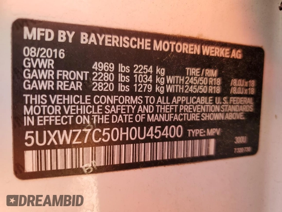 2017 BMW X3 sDrive28i with VIN 5UXWZ7C50H0U45400, listed as a Copart auction lot 53637115 with 86,555 mi miles and Salvage Title. Bid and sale history available at DreamBid. Image 13.