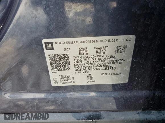 2019 GMC Terrain SLE z VIN 3GKALMEV4KL193710, wystawiony jako Copart lot #51608635 z przebiegiem 99 243 mil mil oraz Szkoda całkowita • Salvage title. Historia ofert i sprzedaży dostępna na DreamBid. Obrazek 12.